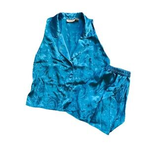 Vintage Victoria's Secret Gold Label Electric Blue Satin Jacquard Set M 90s